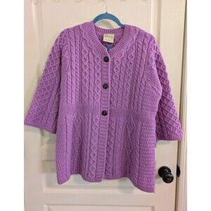 Kilronan Knitwear 100%Wool Ireland Cardigan Sweater Womens XL Lavender 3/4sleeve